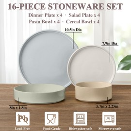 Herogo Dinnerware Dishes Sets with Pasta Bowls, 16 Piece Stoneware Plates and Bowls for 4, Ceramic Dinner Ware for Kitchen, Dishwasher & Microwave Safe, Speckled Multicolor