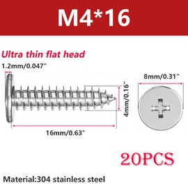Ctyjia 20 Pieces Thin Self Tapping Screws Phillips Flat Head Screws 304 Stainless Steel M4x16mm Wood Screws for Repairs