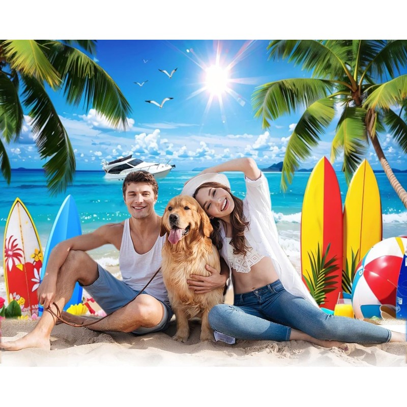Summer Hawaiian Beach Backdrop 10x8ft Sea Ocean Seaside Surfboard Palm