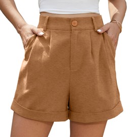 Jouica Womens Summer High Waist Linen Shorts Roll Up Pleated Zippered Wrap Hem Wide Leg Shorts with Pockets, Light Brown, XX-Large