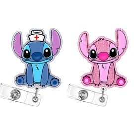 2Pcs Cute Nurse Badge Reel, Retractable ID Badge Holder with Alligator Clip, Glitter Acrylic Cute Badge Reels for Nurses, Nursing Students, RN, LPN, Medical Assistants, Doctor, Teacher Work ID Card