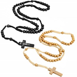 2 Pcs Wooden Beads Rosary Necklaces Handmade Rosaries Wood Beads Christ Jesus Necklaces Imprint Cross Religious Accessories Christian Prayer Necklaces (Black and Khaki)