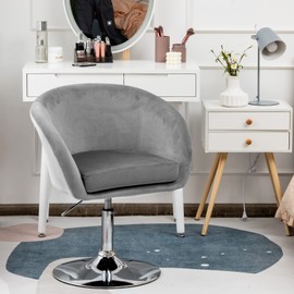 COSTWAY Vanity Chair, Height Adjustable Modern Velvet Makeup Chair with Chrome Frame, Round-Back, Comfortable Swivel Accent Leisure Chair for Living Room, Bedroom (Grey)
