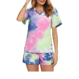 Eishopeer Women’s Tie Dye  Short Sleeve Pajama Shorts Set Colors Bright Size 2XL