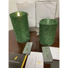 Luminara LOT NEW 2 Luminara Real Flameless Candle 7" & 5” Glitter Green Remote Set Sealed