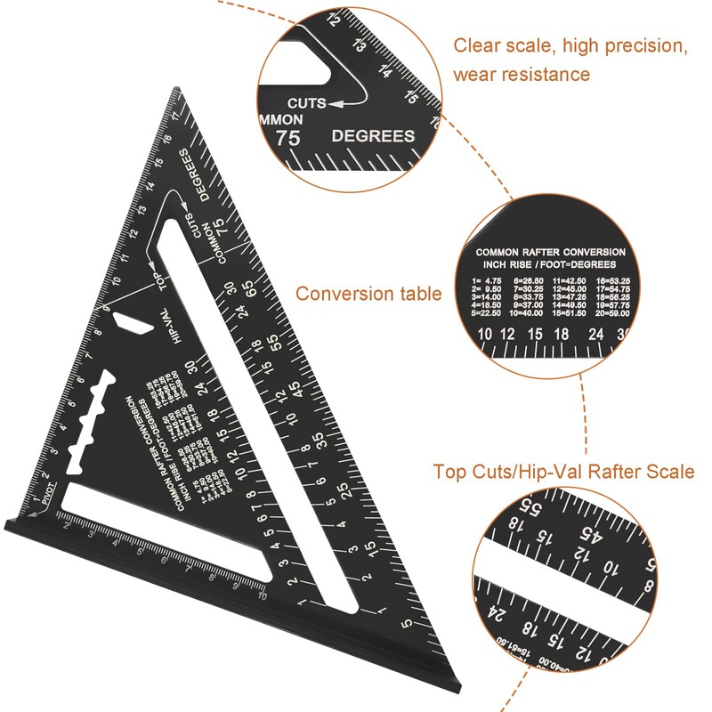 7 inch Carpenters Speed Square Metric,Roofing Rafter Square, Thickened Aluminum