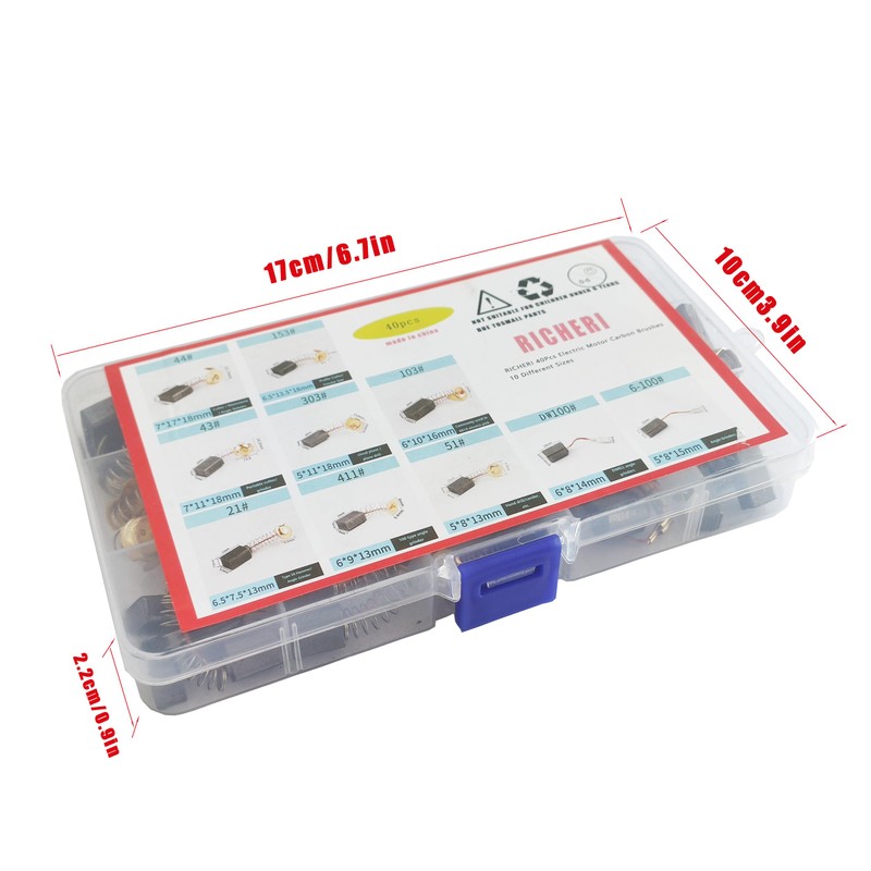 RICHERI 40Pcs Electric Motor Carbon Brushes 10 Different Sizes for