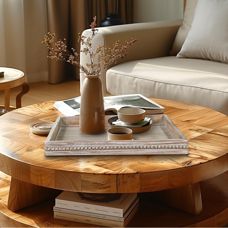 MAONAME Wood Serving Tray, Farmhouse Wooden Tray for Coffee Table,