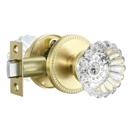 Leydebong 1 Pack Gold Door Knobs Interior Crystal Door Knob Brushed Gold Passage Door Knobs Glass Satin Brass Interior Door Knob with Victorian Plate Rosettes for Hall and Closet