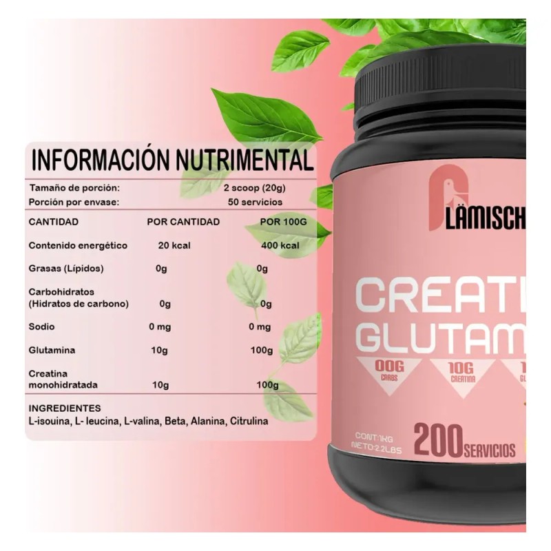 Suplemento Creatina + Glutamina Flamish 1kg 50 Servicios