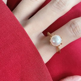 SWJEWEL Pearl Ring Sterling Silver 925 Rings Adjustable Open Rings for Women 18k Gold Plated Simple Imitation Pearl Ring S925 8MM Single Freshwater Vintage Pearl Fashion Ladies Wedding Engagement