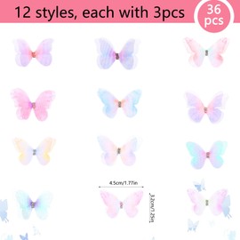 salbsever 36 Pieces Organza Fabric Butterfly, 3D Butterflies Decoration, Translucent Chiffon Butterfly for Scrapbooking, DIY Hair Clip, Luggage, Wall and Window Decoration