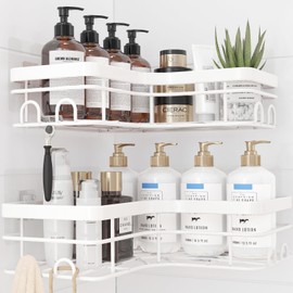 Sakugi Corner Shower Caddy - 2 Pack, Adhesive Shower Organizers, Rustproof Stainless Steel Shower Shelves with 8 Hooks, No Drilling Bathroom Organizers and Storage Racks, Space-Saving, White, Large