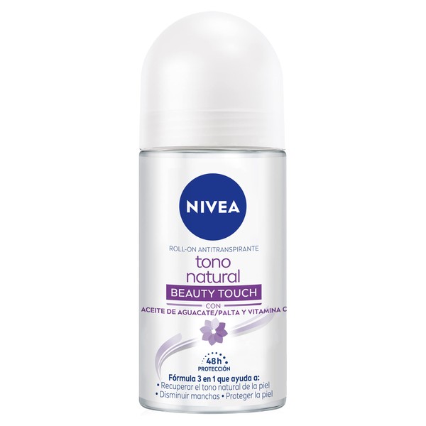 NIVEA Desodorante Aclarante para Mujer Tono Natural Beauty Touch (50 ml), 48hrs Protección Antitranspirante en Roll on con Aceite de Aguacate y Vitamina C
