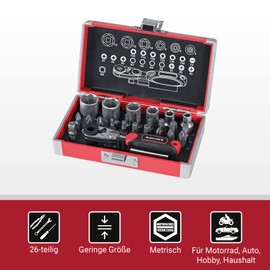 Rothewald Mini Ratchet Set, Metric, 26 Pieces, Motorcycle Board Tool, Ratchet & Bit Set, Ideal for Touring & Travel, Mini Tool Box Filled