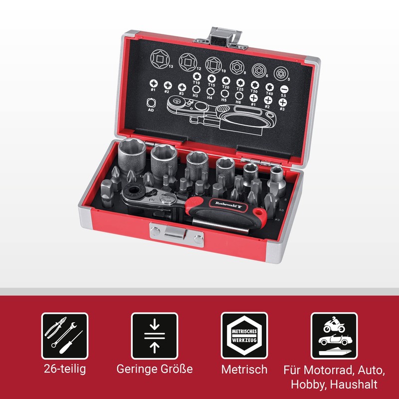 Rothewald Mini Ratchet Set, Metric, 26 Pieces, Motorcycle Board Tool,