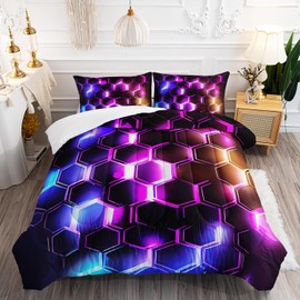 Nttopship Neon Geometry Boys 3 Pieces Violet and Blue Comforter Set Queen Honeycomb Modern Comforter for Kids Teens