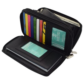 MARSHAL Genuine Leather Womens RFID Blocking Security Double Zip-around Indexer Phone Wallet (Black)