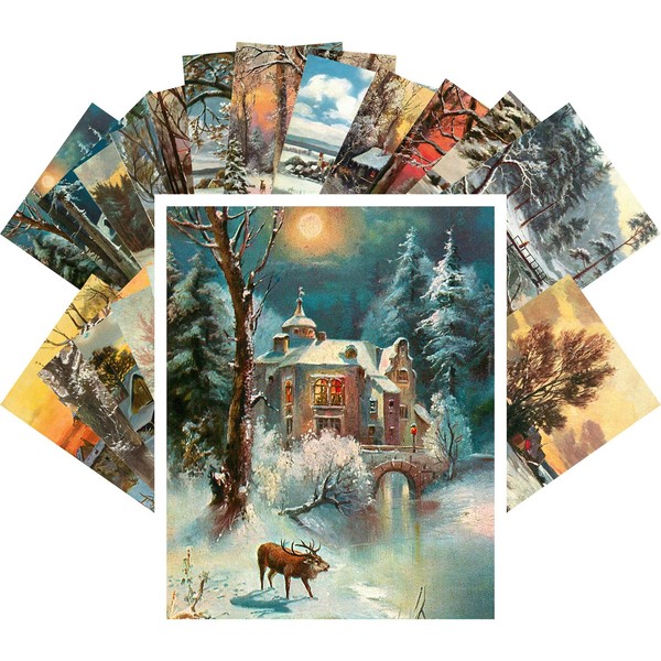 PIXILUV Vintage PostCards 24 pcs Winter Rural Life Christmas Landscapes