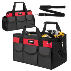 Kingfun Tool Bag For Men 16 Inch - 14-Pocket Heavy Duty Tool Bags Organizer, Adjustable Shoulder Strap Soft Toolbox Organization, Soft Handle Carrying Toolbag (Red）