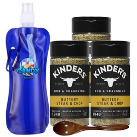 Kinder’s Premium Blend Seasoning – Three (3) 6.4 oz Bottles – All-Purpose Rub for Grilling, Cooking & Roasting – No MSG, Gluten-Free, Non-GMO – Includes Collapsible Bottle & Wooden Spoon (Total 19.2 oz) (Buttery Steak & Chop)