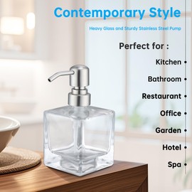 Rzoeox Hand Soap Dispenser Square with Brushed Nickel Pump, 8.4 oz Liquid Clear Glass Soap Dispenser with Stainless Steel Pump for Dish Soap Bathroom Kitchen Vanity Countertop