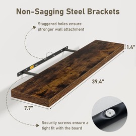 Floating Shelves Wall Shelf 40 Inch, 8 Inch Deep Floating Shelf for Wall, Farmhouse Black Wood Shelves Invisible Bracket for Living Room, Bedroom, Kitchen, 40 x 8 x 1.4 Inch, Set of 2, Rustic Brown