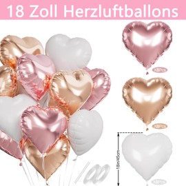 Waziwe Pack of 24 Heart Balloons Pink White Rose Gold • 18 Inch Heart Foil Balloons Can Be Filled with Helium, Perfect for Wedding Decoration, Valentine's Day Decoration, Baby Showers and Balloons