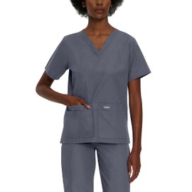 Landau Women's 4 Pocket V-Neck Scrub Top, Steel, Small