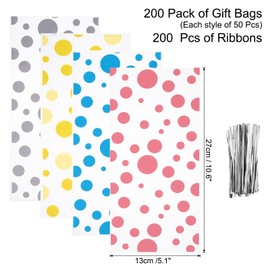 uxcell 200Pcs 11"x5" Treat Bags with 200 Silvery Ribbons Rectangle Gift Bags 4 Patterns OPP Material for Small Gift Party Favors, Cookie, Candy, Popcorn, Mixed Colors