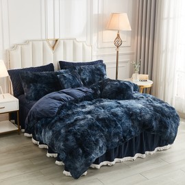 JAUXIO Shaggy Fluffy Duvet Cover Set with Pillowcases Faux Fur Bedding Comforter Cover Luxury Furry Tie Dye Marble Print (Navy, King)