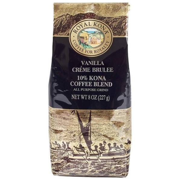 Royal Kona 10% Kona Coffee Blend, Vanilla Creme Brulee Flavor - Ground, 8 Ounce Bag