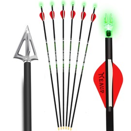 KEAUP 6 Pack 32 Inch Carbon Hunting Arrows with 100 Grain Hunting Broadheads and .244 Lighted Nocks Archery Arrows for Compound Bow Recurve Bow Archery Hunting (Red, Spine 500)