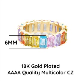 AFFY Eternity Rainbow Ring 18K Gold Plated Emerald-Cut Multi Color AAA Created-Gemstone Rainbow Ring, Stackable Ring, Wedding Band for Women, Mother's Day Gift For Her, Ring Size - 6, Metal, Cubic