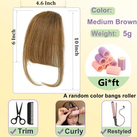 GHDXIWEYU Human Hair Clip in Bangs,Women Air Thinning Curtain Flat Medium Brown Bangs, Natural Curved Wispy Bangs,Real Human Hair Extensions Faux Bangs for Daily Wear(Wispy Bangs,Medium Brown)