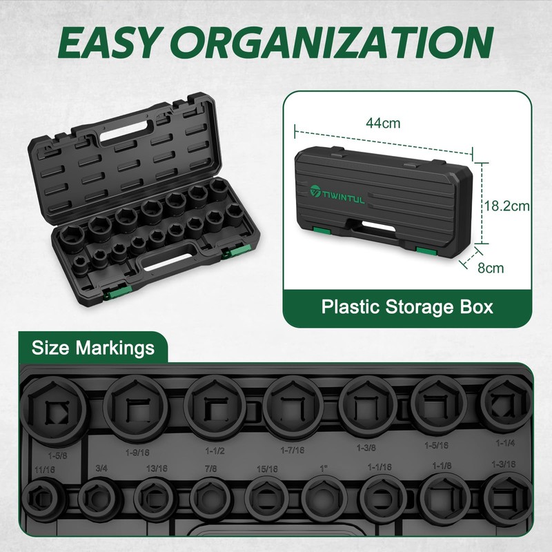 TIWINTUL 3/4 Inch Drive Impact Socket Set, CR-MO Steel, 16