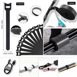 Kit de Gestión de Cables,100 Bridas Para Cables y 4 Organizadores de Cables,15 y 2 Rollos de Bridas Autoadhesivas,10 Bridas Para Cables,40+10 Bridas de Escritorio Para TV,Oficina (181, Ferroso)