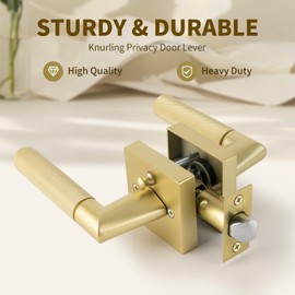 Interior Privacy Door Handle with Lock, Indoor Knurled Heavy Duty Gold Door Lever Satin Brass Finish, Reversible Keyless Left Right Handed Square Turn Lockset for Bedroom & Bathroom 1 Pack
