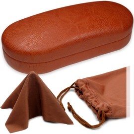 MyEyeglassCase - Men Sunglasses case in Premium Leather Like - Eyeglasses Case Hard Shell with Microfiber Pouch & Cloth Glasses Case - Medium to Large for Men and Women (AS87 Brown Z)