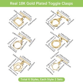 Beebeecraft 12 Sets 6 Styles Toggle Clasps for Jewellery Genuine 18K Gold-Plated T Bar Clasps for Necklaces Round Flower Shape IQ Jewellery Clasp Connector Buckle for Jewellery Making