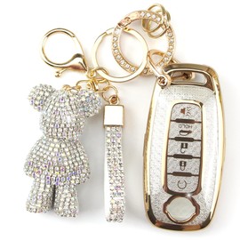 Rayslesan Cute Key Fob Cover with Rhinestone Bear Charm, Bling TPU Smart Key Case for Women, Compatible with Nissan Pathfinder Rogue Kicks 2023 2024 (5-Button, Gold White)