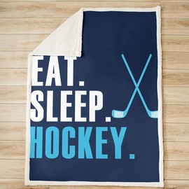 Ice Hockey Fuzzy Blanket Hockey Sports Event Fleece Throw Blanket for Bed Sofa Couch Boys Girls Blue Eat Sleep Hockey Sherpa Blanket Winter Sports Hobby Room Decor 40"x50" Plush Blanket