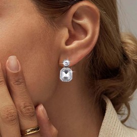 Aneneiceera Vintage Dark Sapphire Square Earrings Blue CZ Crystal Dangle Earrings Square Cut Sapphire Earrings Wedding Rhinestone Drop Earrings Jewellery for Women and Girls (Blue), Zinc