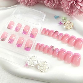 Light Pink Press on Nails Medium Square Fake Nails Pink Glitter French Tip Acrylic Nails Glossy Glue on Nails Cute False Nails with Flower Lines Dots Designs Spring Stick on Nails for Women 24Pcs
