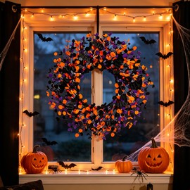 Boxwood Halloween Wreaths ，20 Inch Black Purple Orange with Bats and Berries, Artificial Halloween Front Door Wreath for Entryway Wall, Spooky Halloween Door Decor