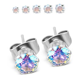 5 Pairs of Surgical Stainless Steel Aurora Borealis Crystal CZ Stud Earrings 3,4,5,6, & 7mm