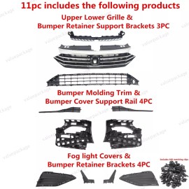ROKY 11PC For Jetta 2019-2021 Upper Lower Grille Mesh Bumper Retainer Support Bracket