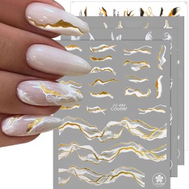 12 Sheets Nail Art Stickers Decals,TOROKOM Self-Adhesive White Black Gold Stripe Line Nail Decals Marble Wave Nail Sticker Supplies for 3D Nail Design Nail Accessories for Women French Nail Decoration