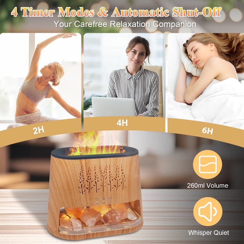 Fireplace Flame Diffuser & Himalayan Salt Lamp, 8 Colors Aromatherapy