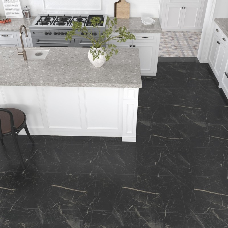 VEELIKE 24 Pack Peel and Stick Floor Tile Black Marble